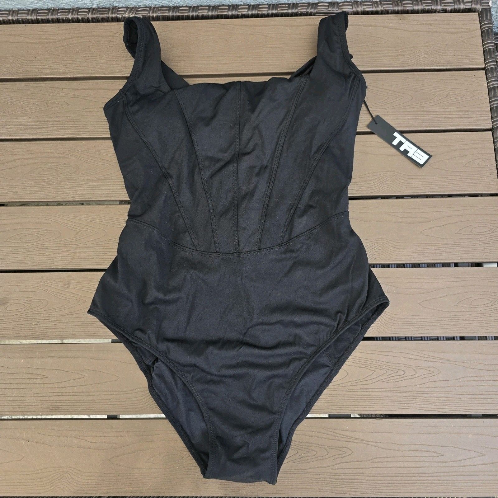 Ta3 Women's Black Squarey Swimsuit 1 Piece Short Torso Corset Waist Sz Xl New